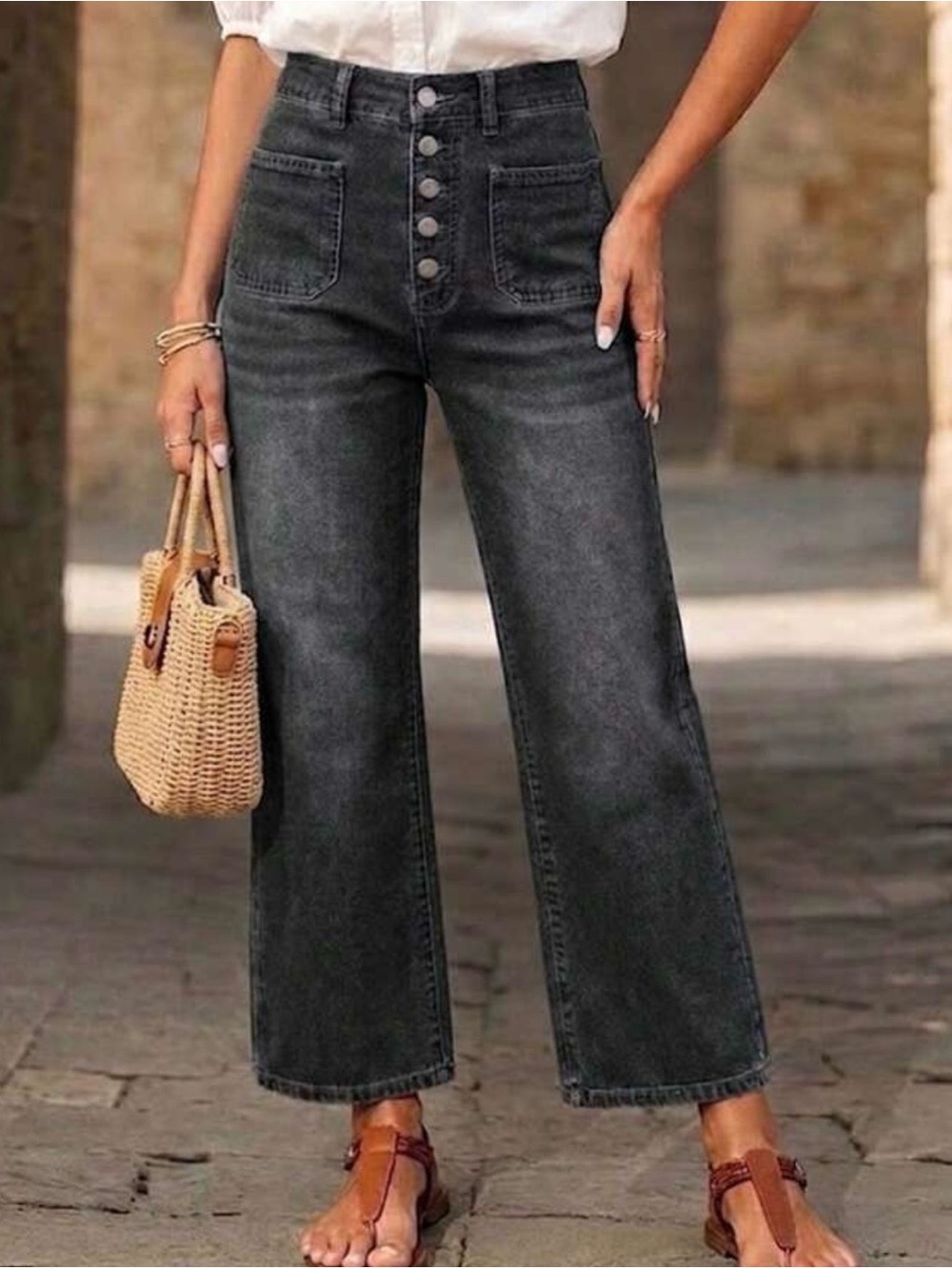 SHEIN Button Front Wide Leg Capri Jeans